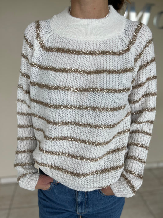 Artigli Maglia lana con righe orizzontali in lurex oro AVORIO