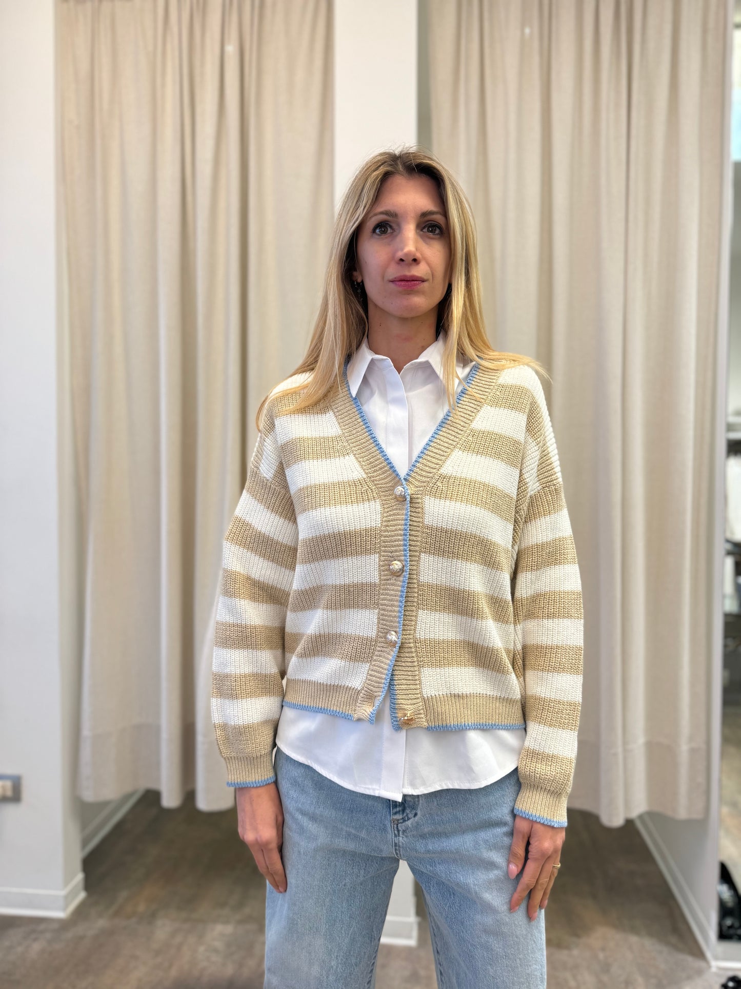 Tensione In cardigan in filo di cotone profilo celeste RIGATO PANNA BEIGE