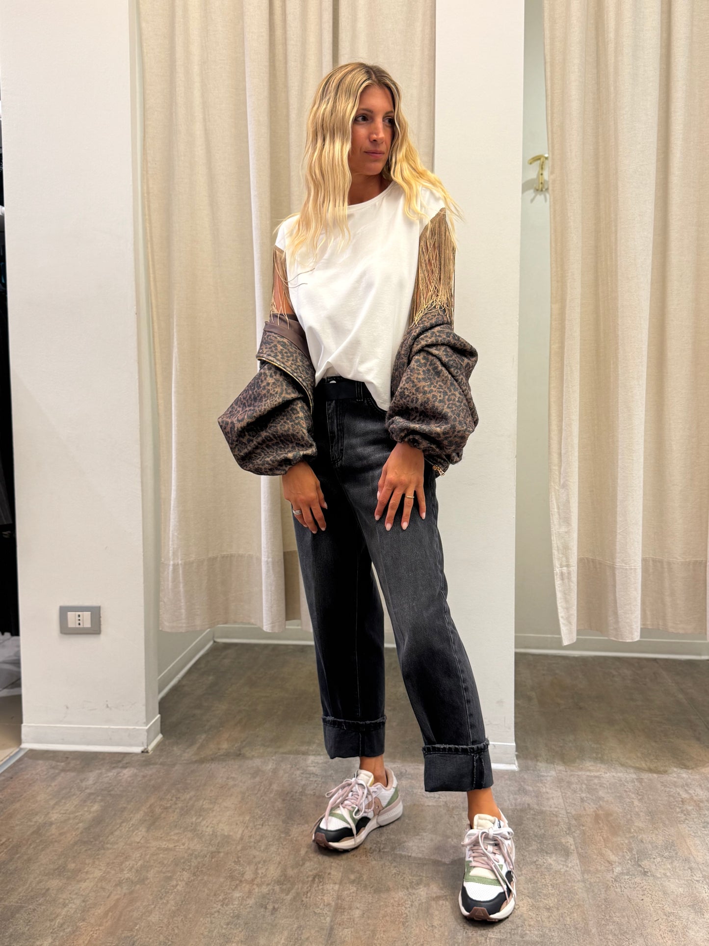 Susy Mix  t-shirt mm con frangia beige BIANCO