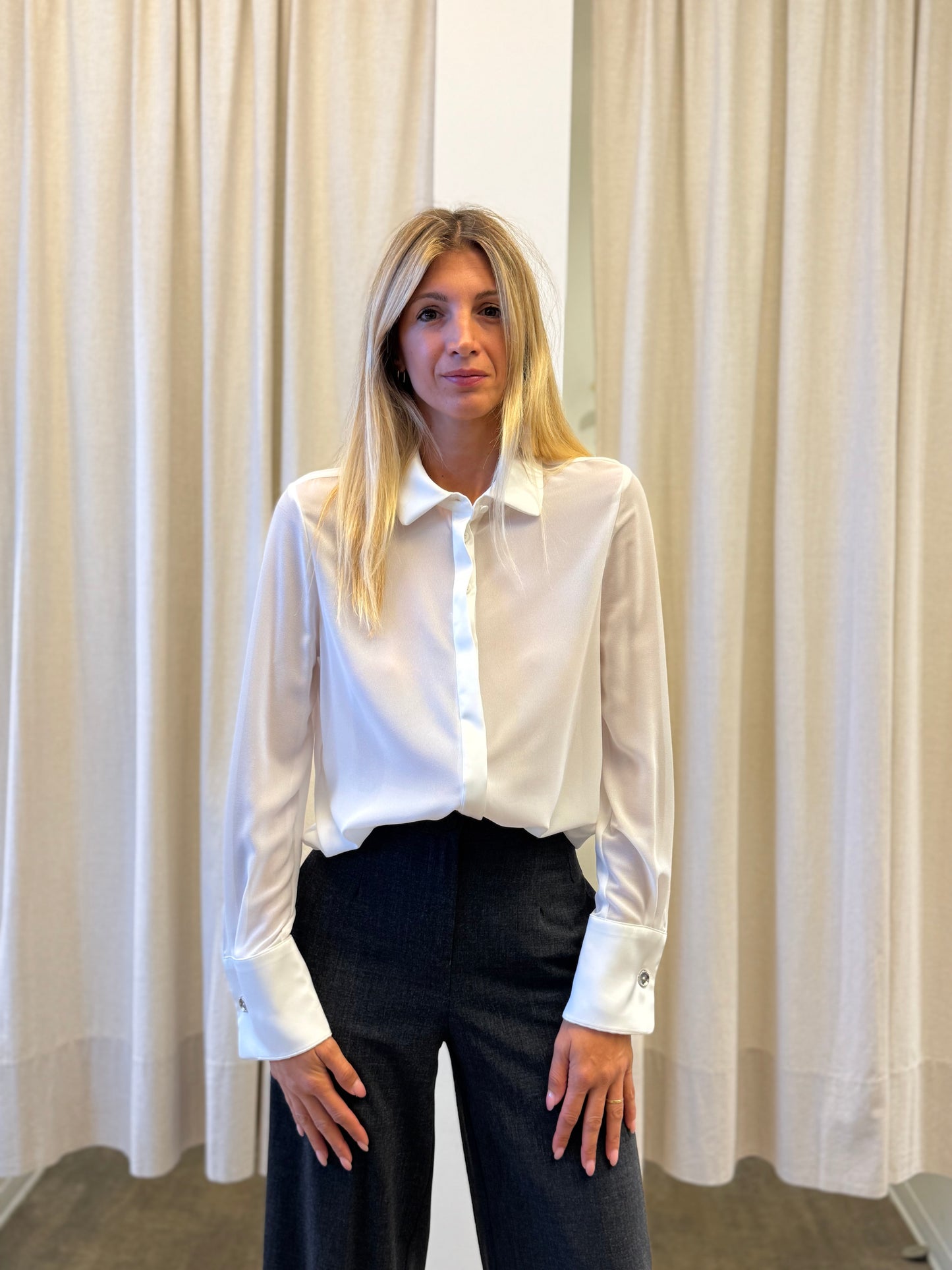 Relish Camicia ml colletto, finta coperta e polsini in raso PANNA