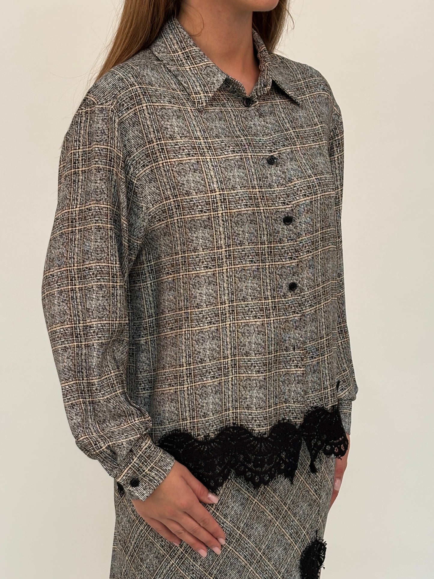 Haveone Camicia ml over con pizzo nero SCACCO NERO/BEIGE/PANNA