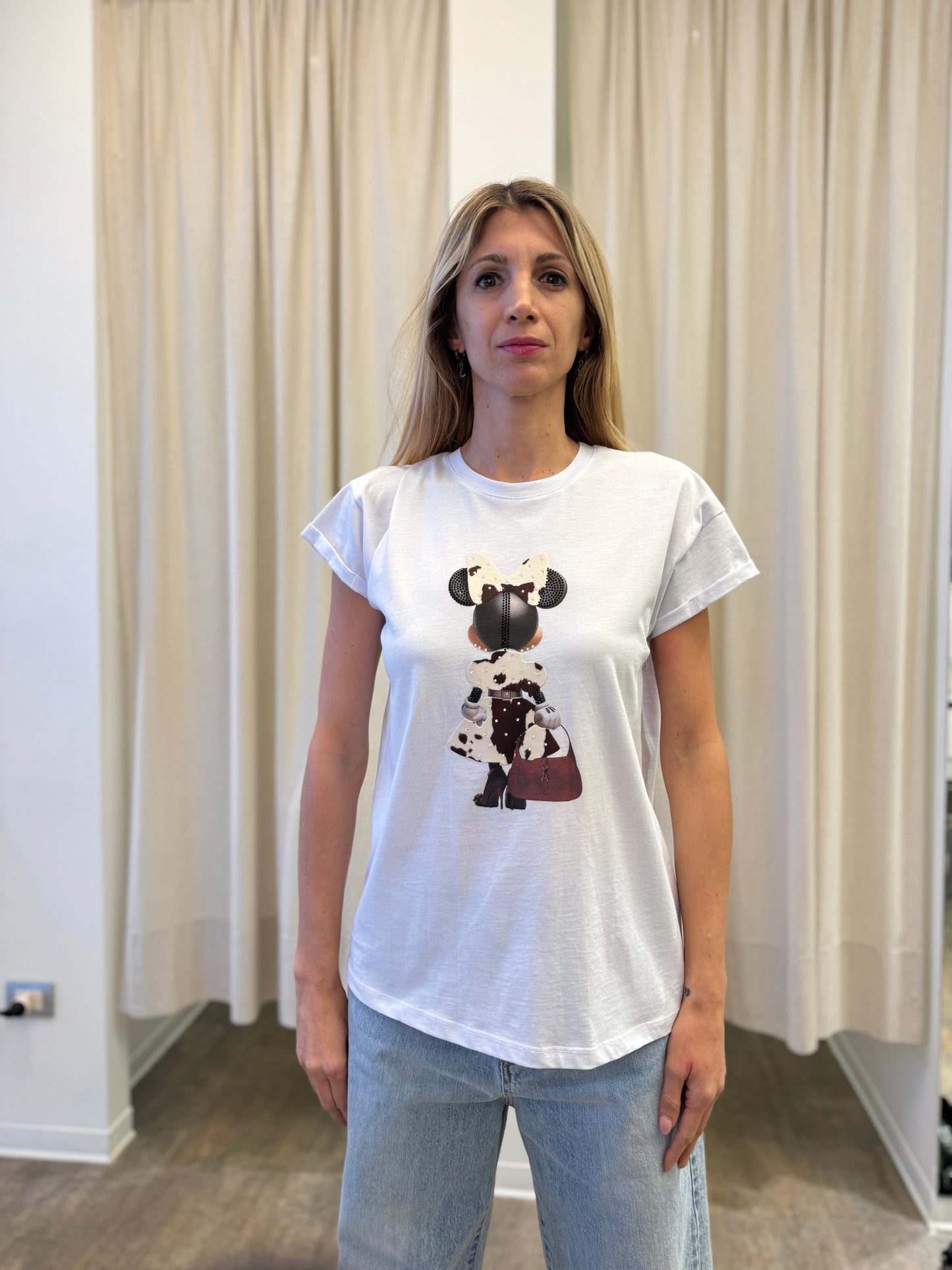 Tensione In t-shirt minni fantasia mucca+strass BIANCO