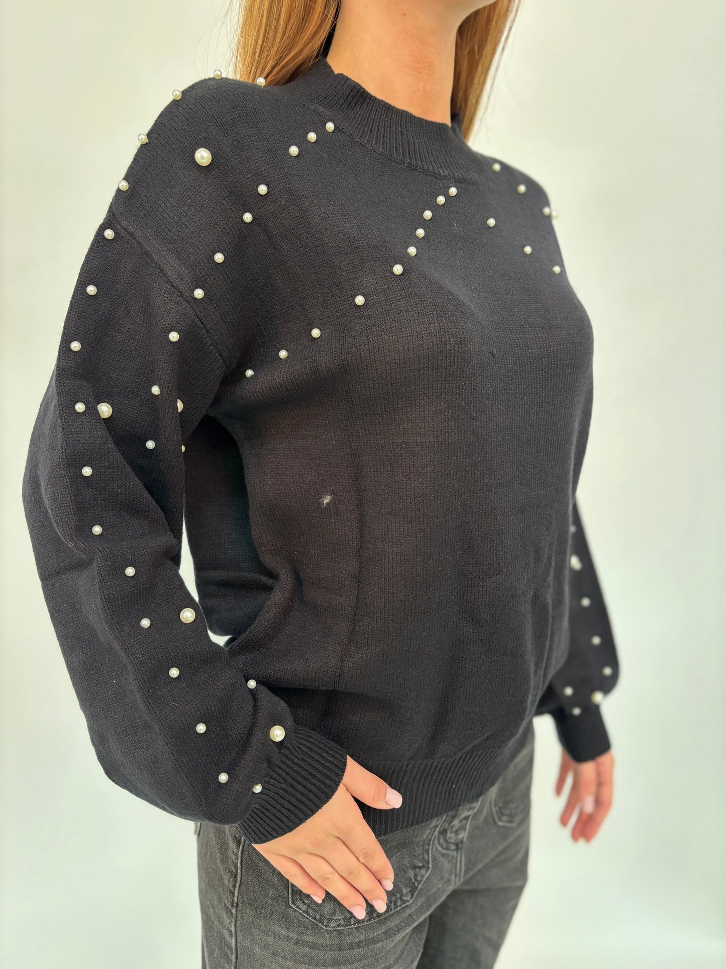 Maglia girocollo ml con perle NERO