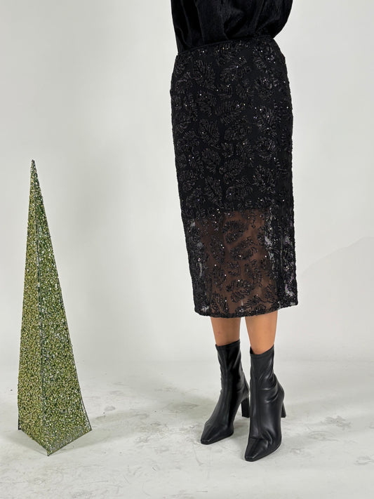 Tensione In Gonna tulle a fant. foglie in paillettes NERO