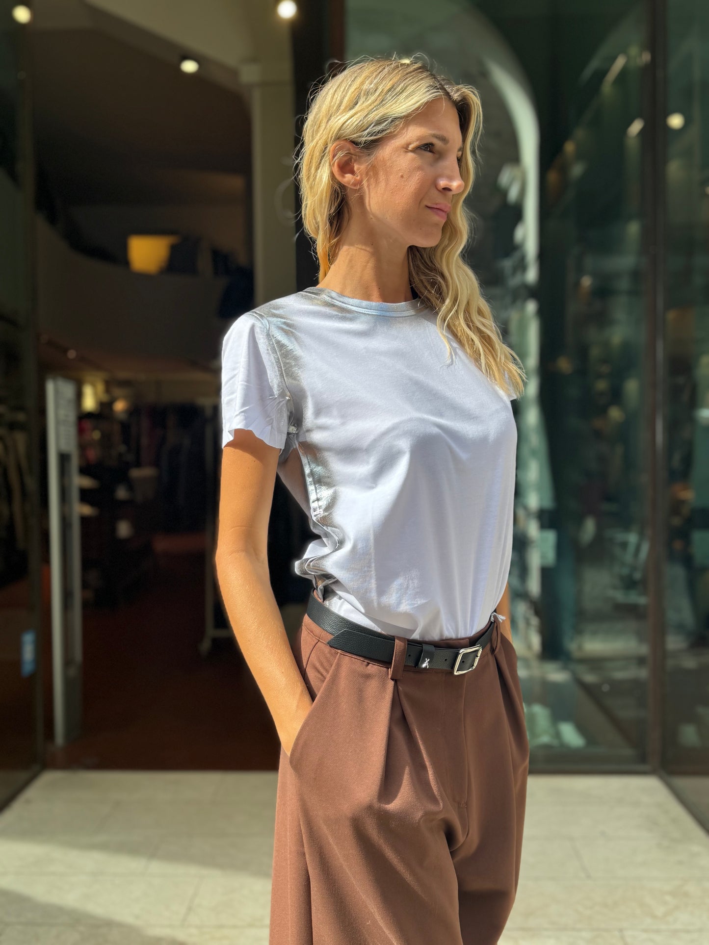 PATRIZIA PEPE T-shirt m/m laminata argento BIANCO