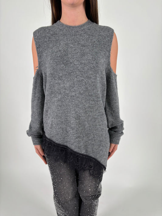 HAVEONE maglia giro effetto manicotti pizzo in fondo ANTRACITE