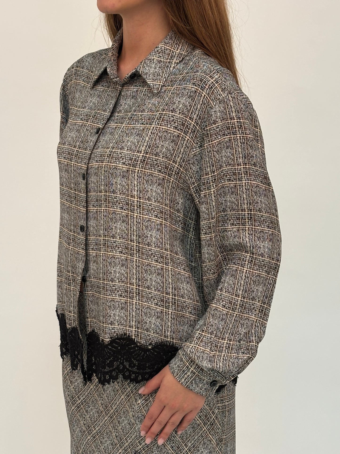 Haveone Camicia ml over con pizzo nero SCACCO NERO/BEIGE/PANNA