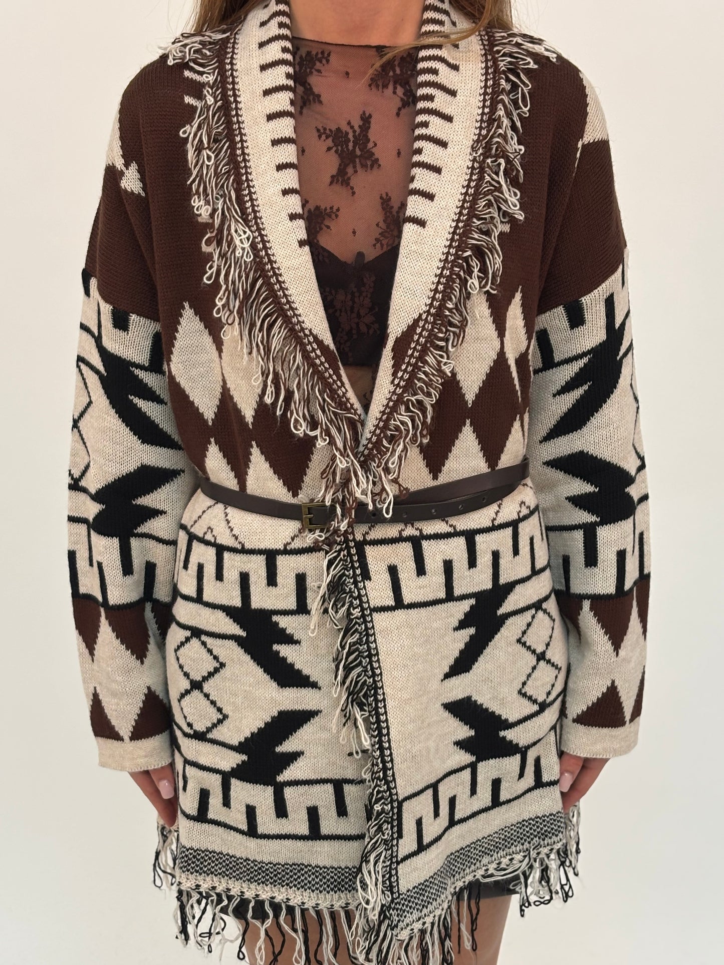 Susy Mix Cardigan etnico con frange NERO/PANNA/MARRONE