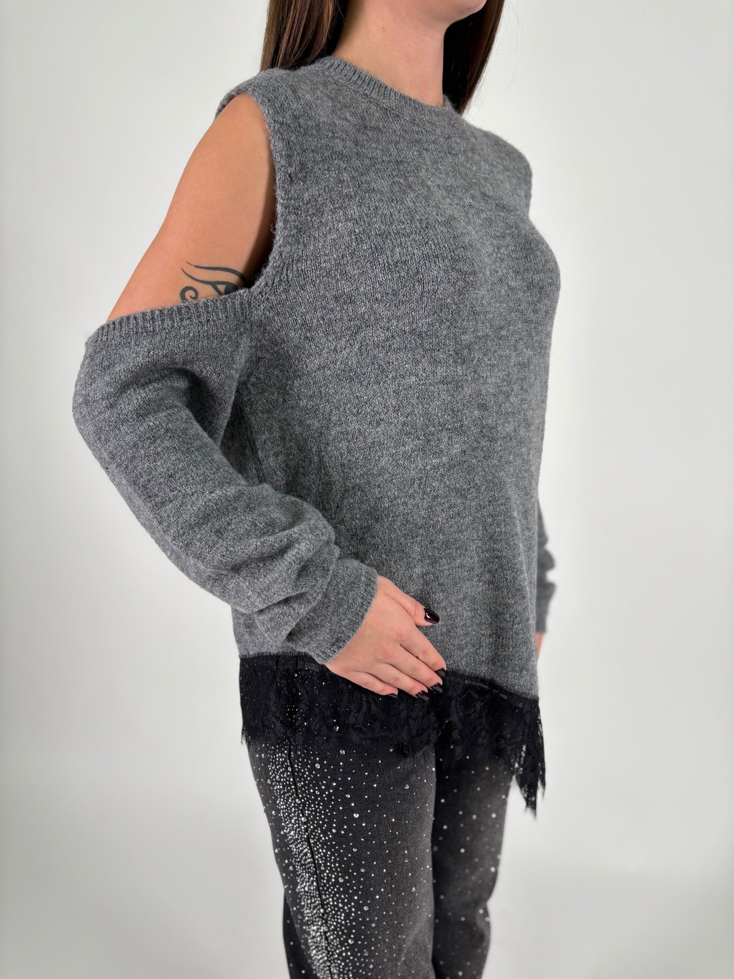 HAVEONE maglia giro effetto manicotti pizzo in fondo ANTRACITE