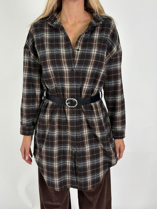 Susy Mix Camicia lunga in flanella a scacchi NERO/BEIGE