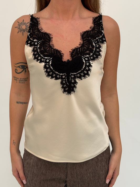Tensione In Canotta  con pizzo nero PANNA