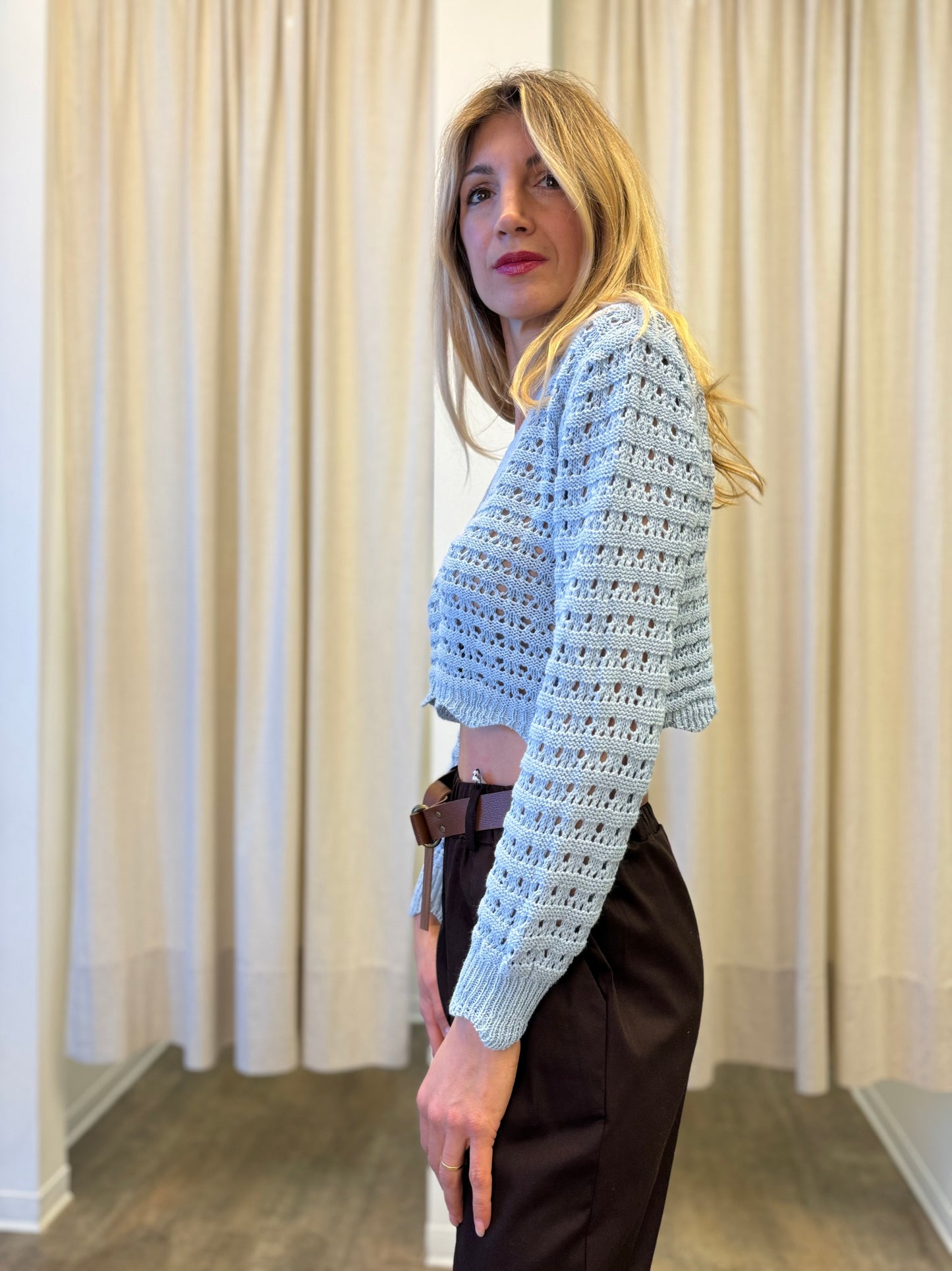 Susy Mix Cardigan effetto rete corto AZZURRO
