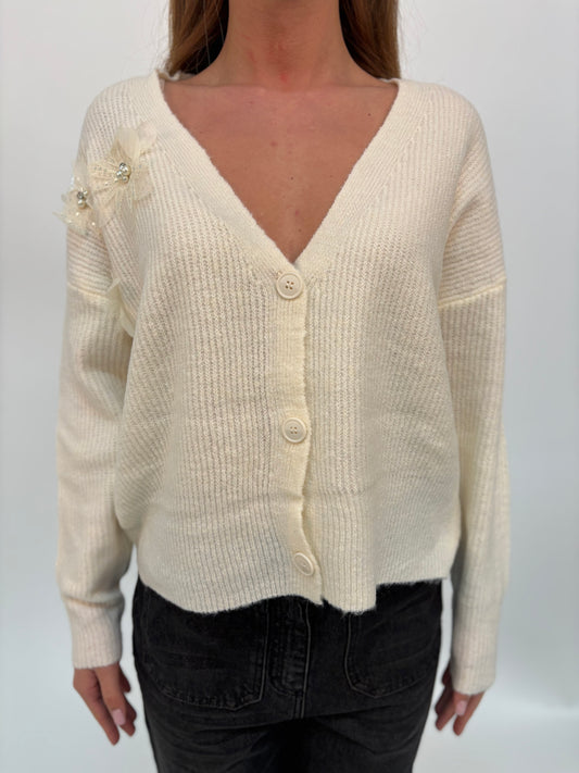 Molly Bracken Cardigan ml V, con decorazione a fiore PANNA