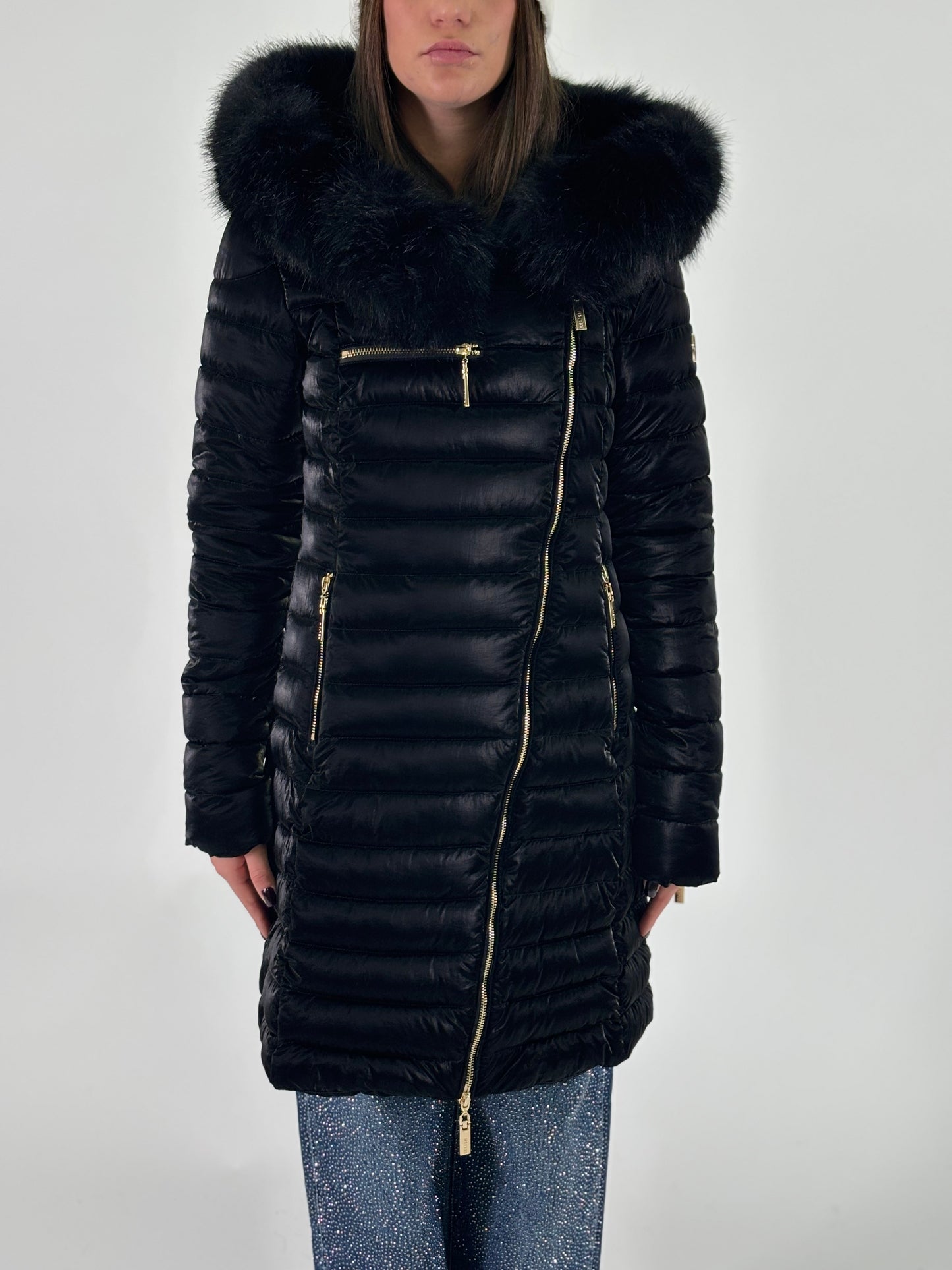 Relish Piumino lungo effetto satin con cappuccio NERO