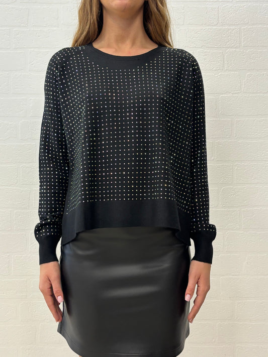 Griffai Maglia  ml girocollo con strass colorati NERO