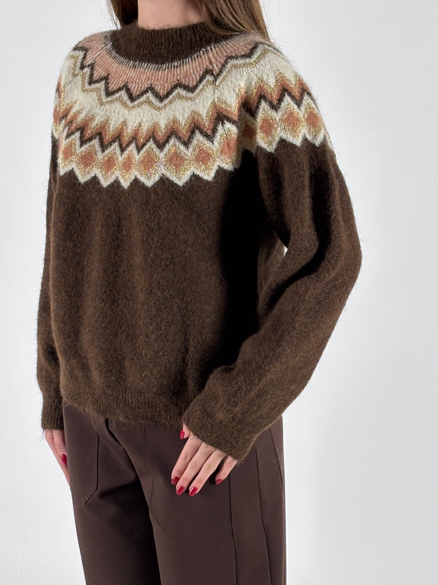 Susy mix maglia girocollo jaquard lurex MARRONE