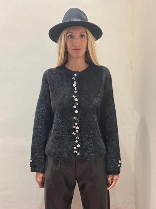 Dixie Cardigan con appl. bottoni e pietre girocollo NERO