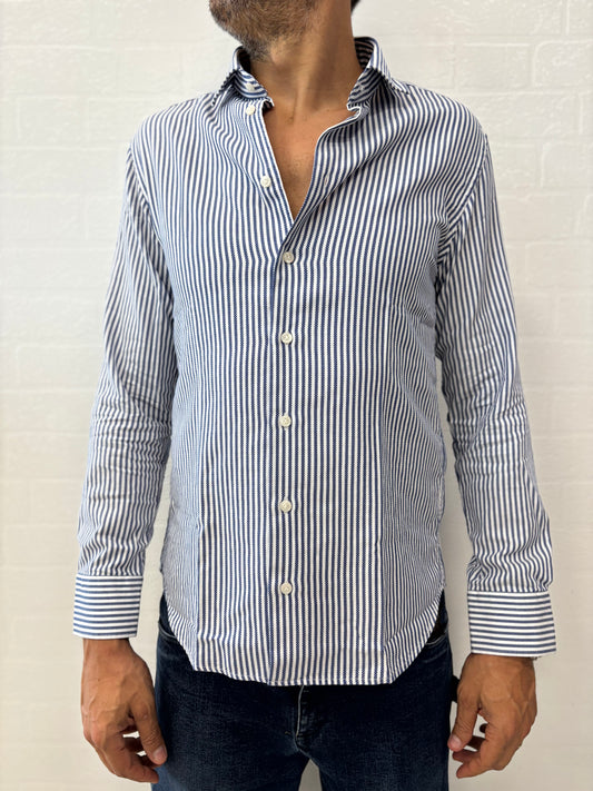 Bastoncino camicia righina blu operata