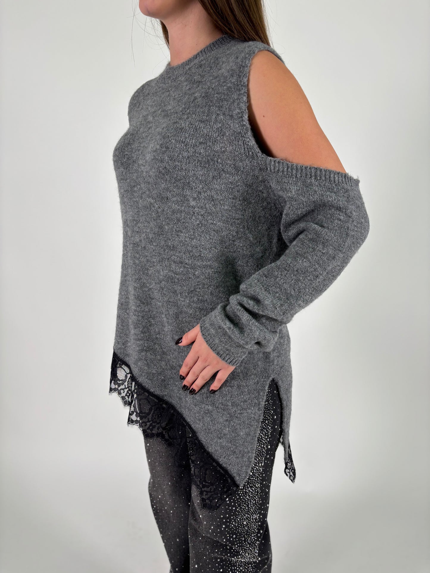 HAVEONE maglia giro effetto manicotti pizzo in fondo ANTRACITE