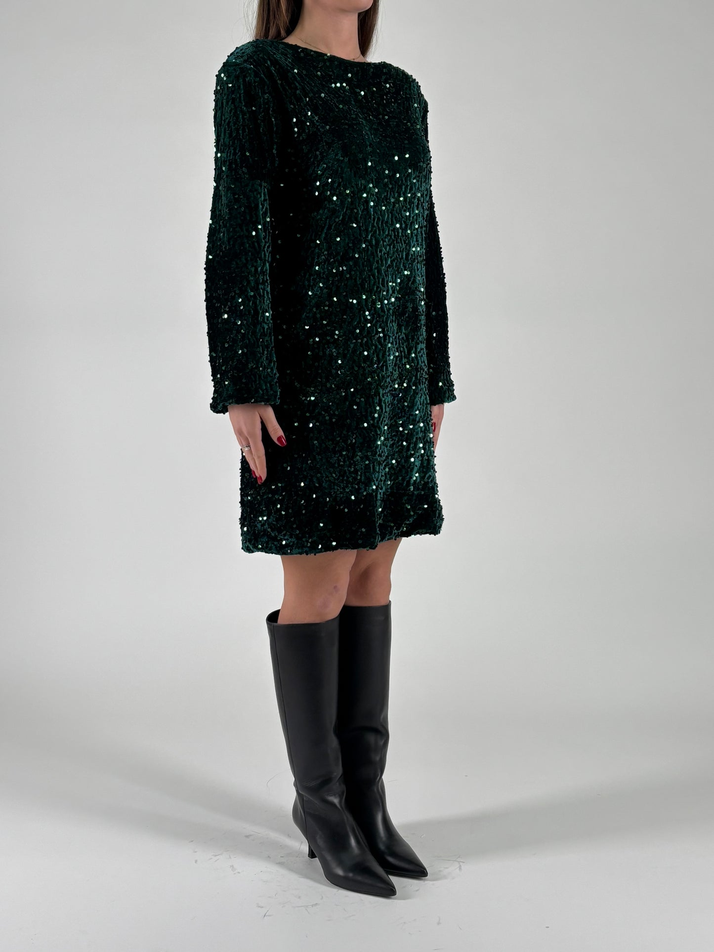 Aglaea Abito corto girocollo ml in paillettes verdi VERDE