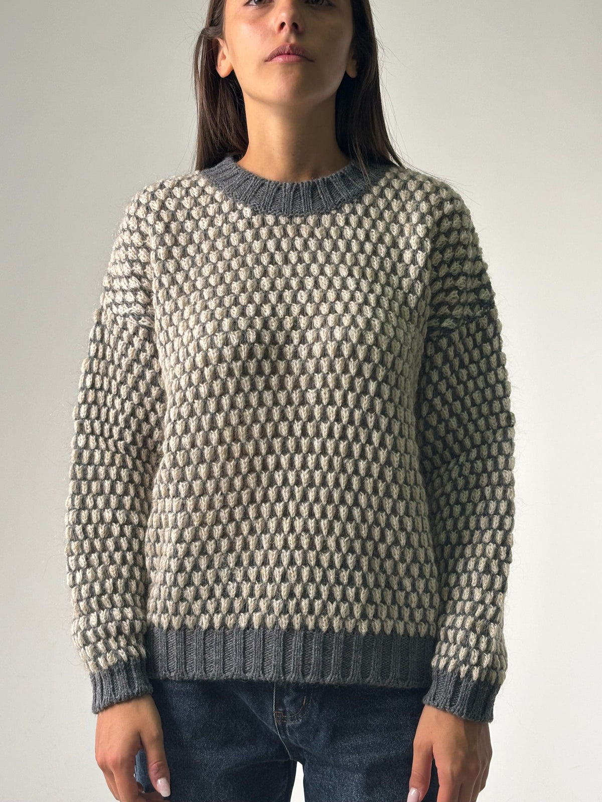 Maglia giro lavorata panna