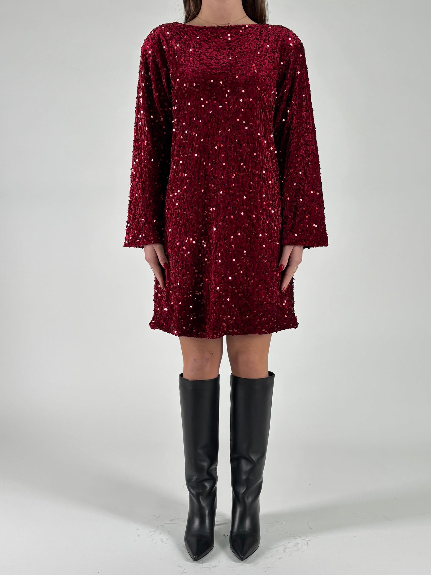 Aglaea Abito corto girocollo ml in paillettes rosse ROSSO