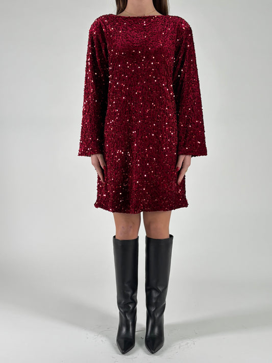 Aglaea Abito corto girocollo ml in paillettes rosse ROSSO