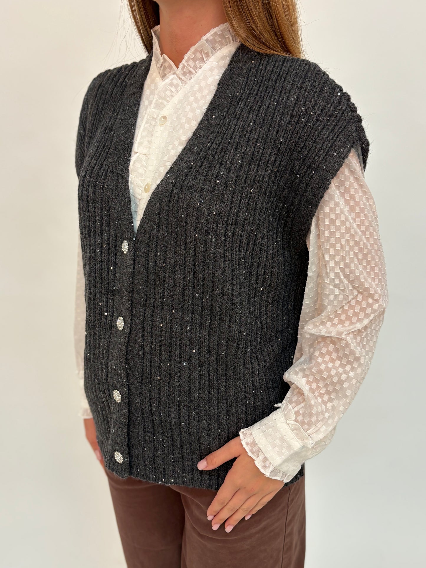 Kocca Cardigan smanicato bottoni gioiello GRIGIO