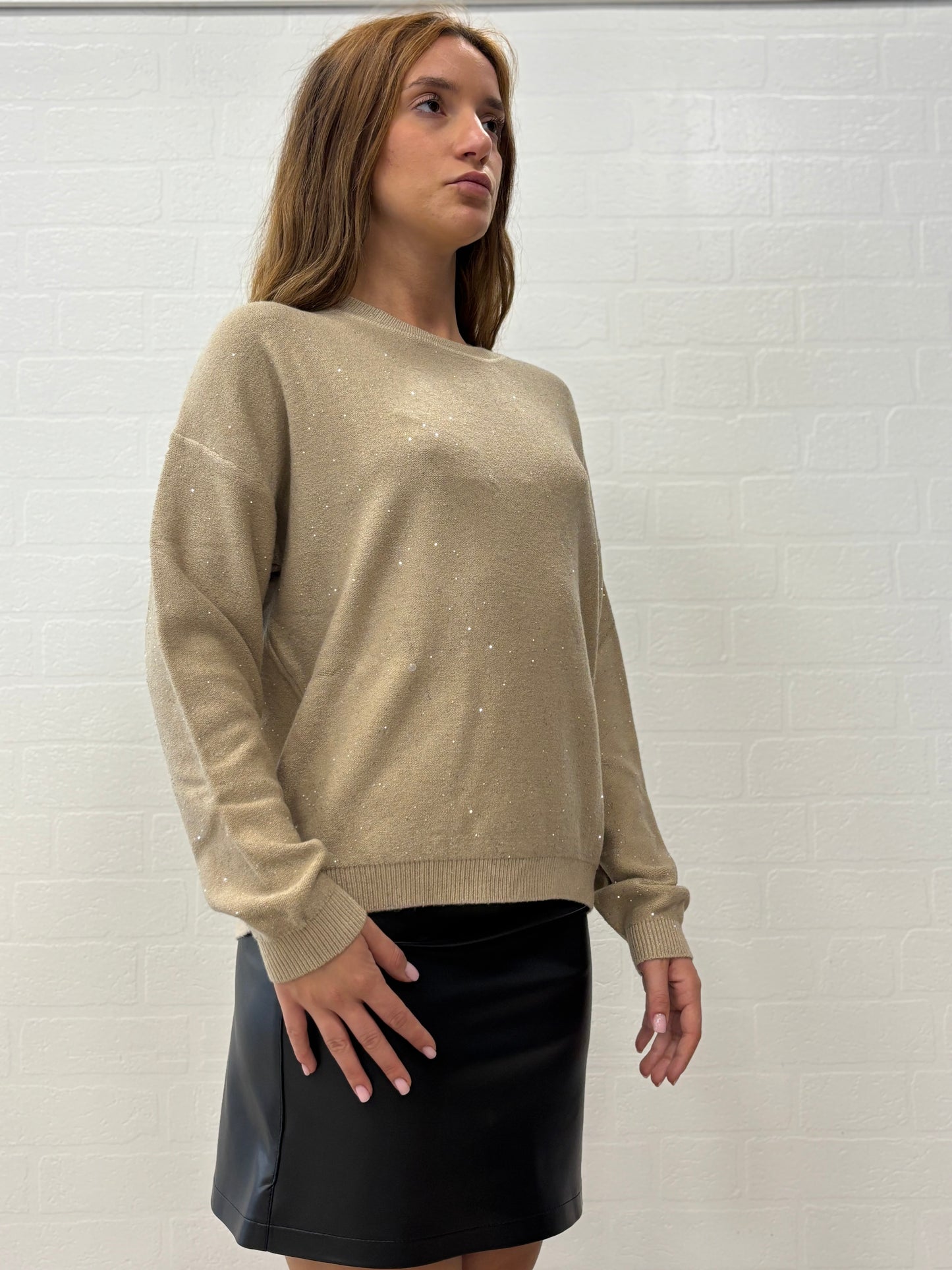 Griffai Maglia over girocollo ml con paillettes argento BEIGE
