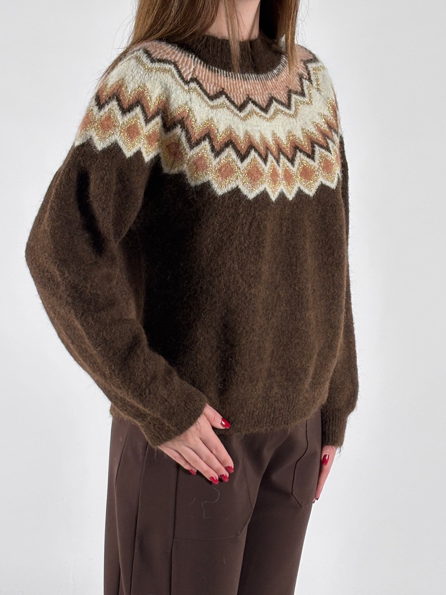 Susy mix maglia girocollo jaquard lurex MARRONE