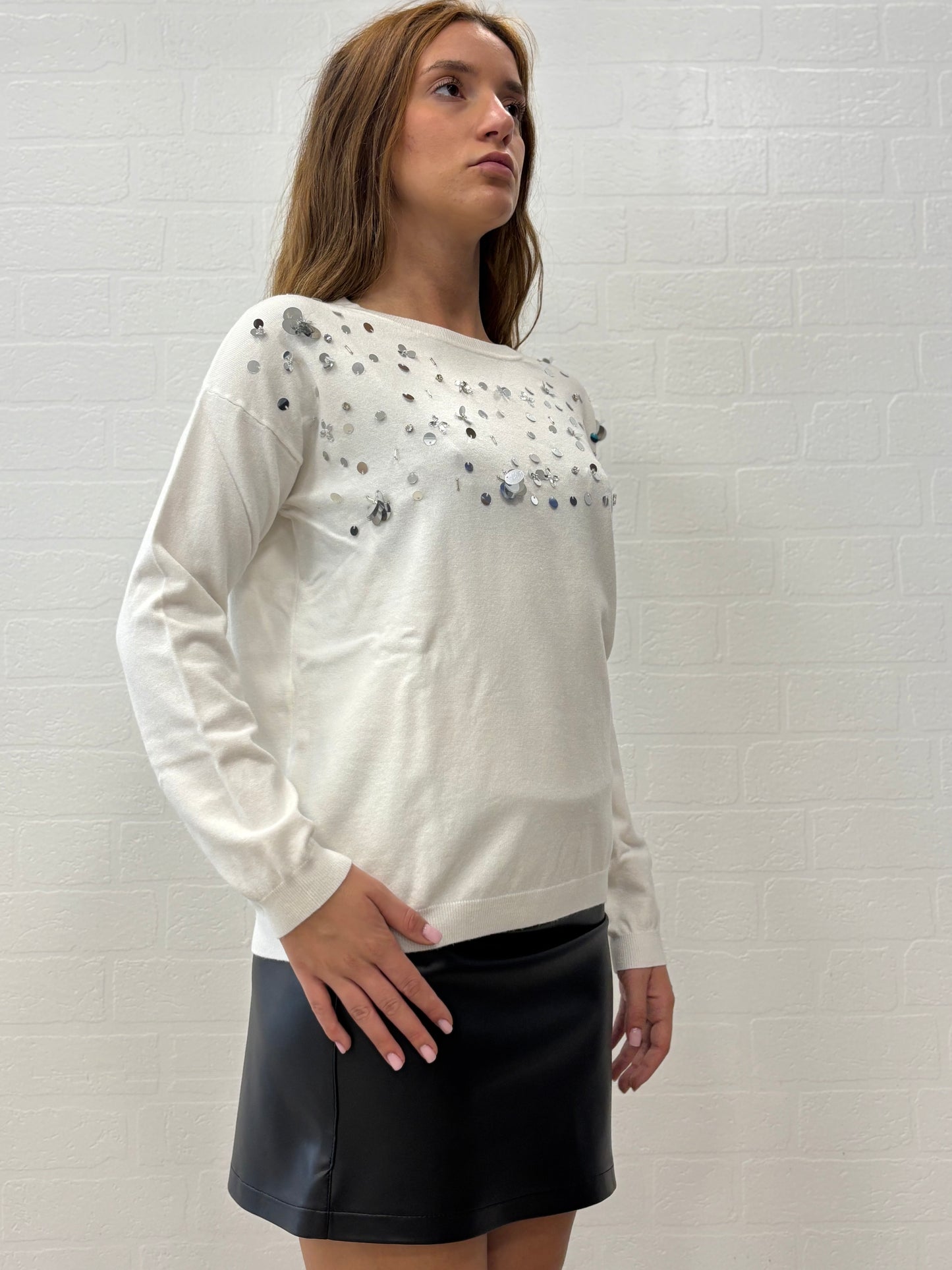 Griffai Maglia girocollo ml con paillettes e strass PANNA
