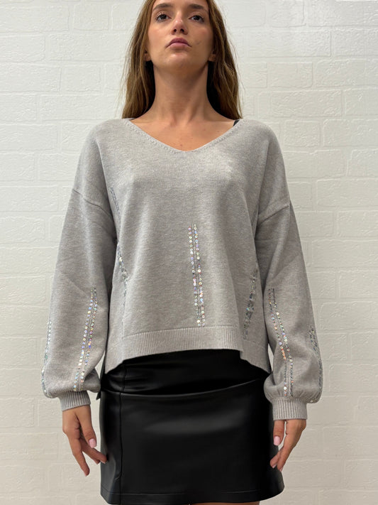 Griffai Maglia over collo V  con paillettes PERLA