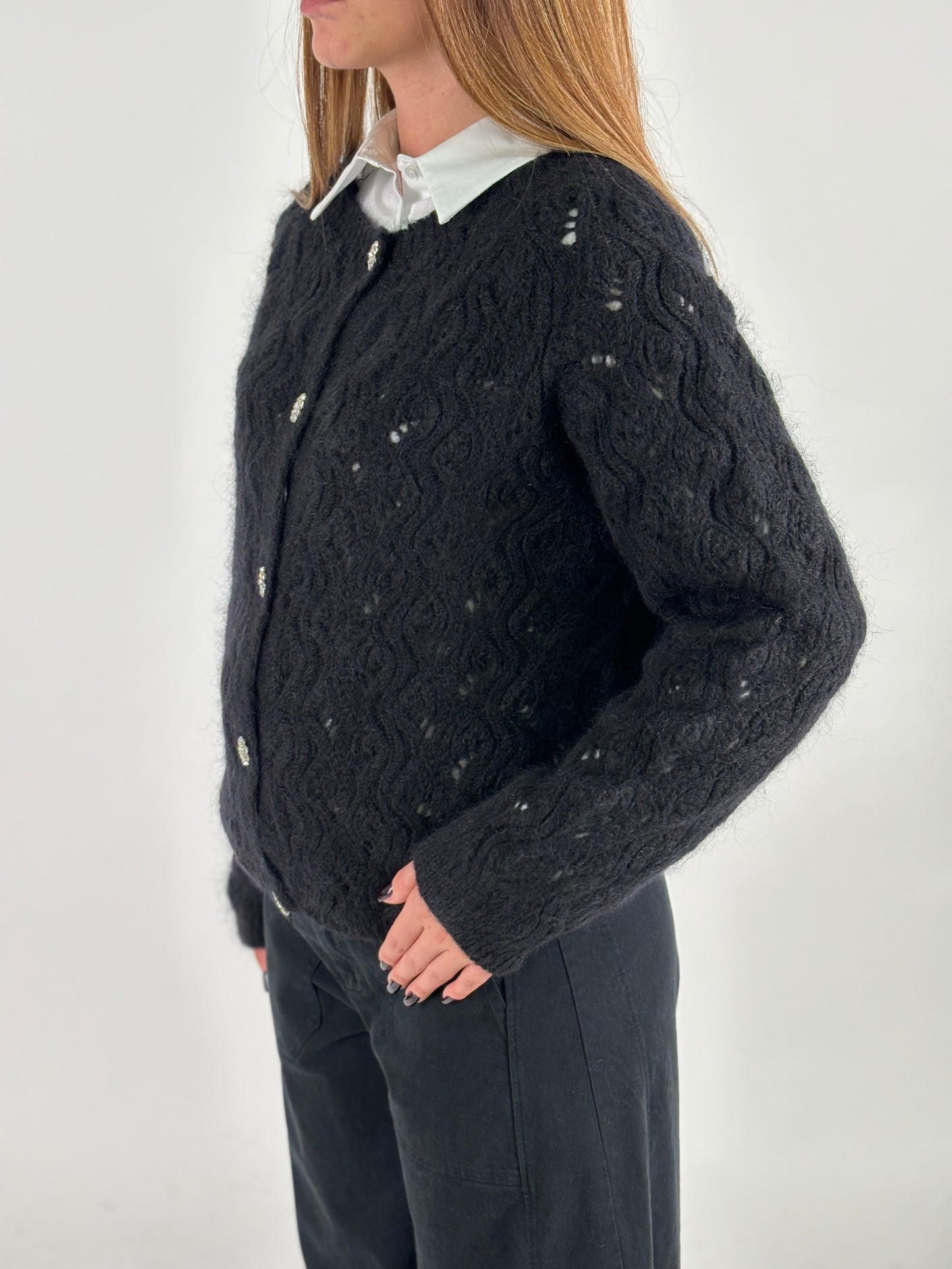 Eco Cardigan corto con bottoni gioiello NERO