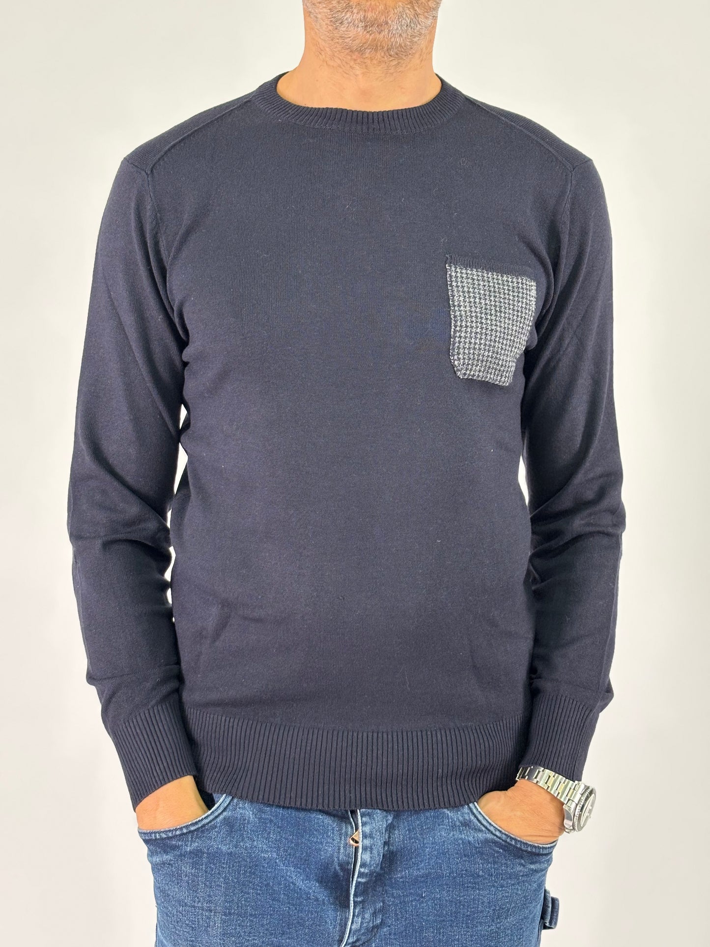 Loft88 Maglia girocollo taschino e toppe pied de poule BLU