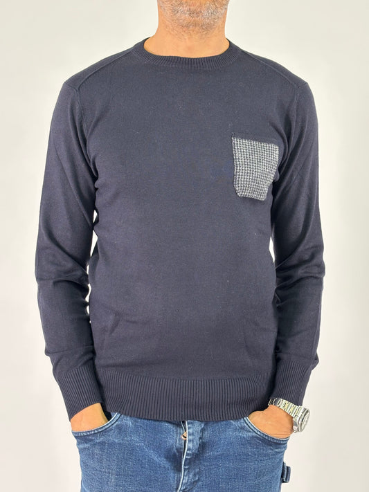 Loft88 Maglia girocollo taschino e toppe pied de poule BLU