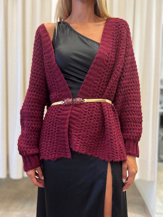 Molly Bracken Cardigan lungo in maglia grossa aperto BORDEAUX