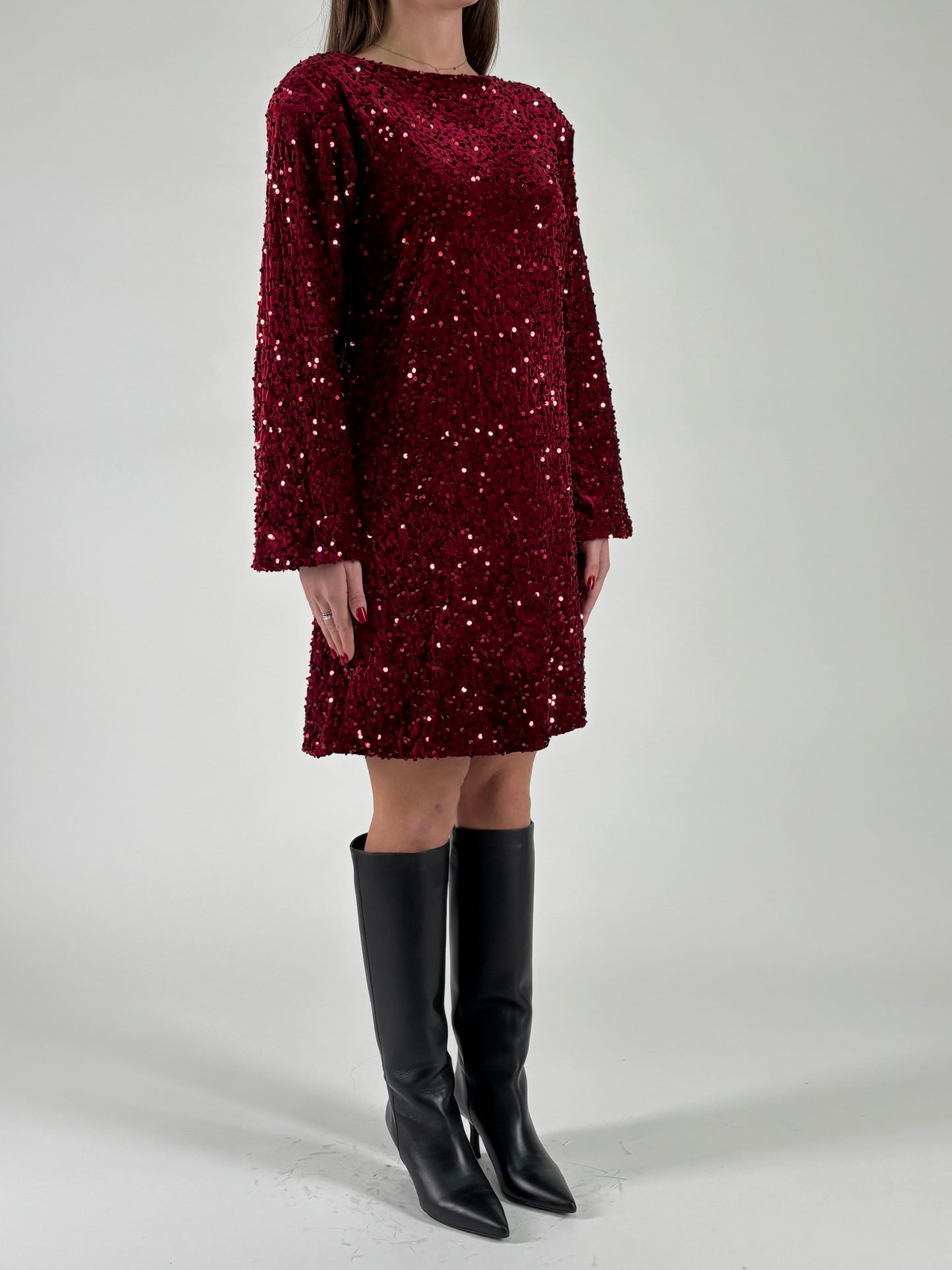 Aglaea Abito corto girocollo ml in paillettes rosse ROSSO