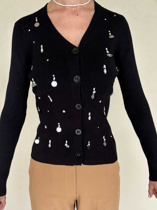 Loft88 Cardigan a coste applicazioni strass gioiello e paillettes grandi NERO