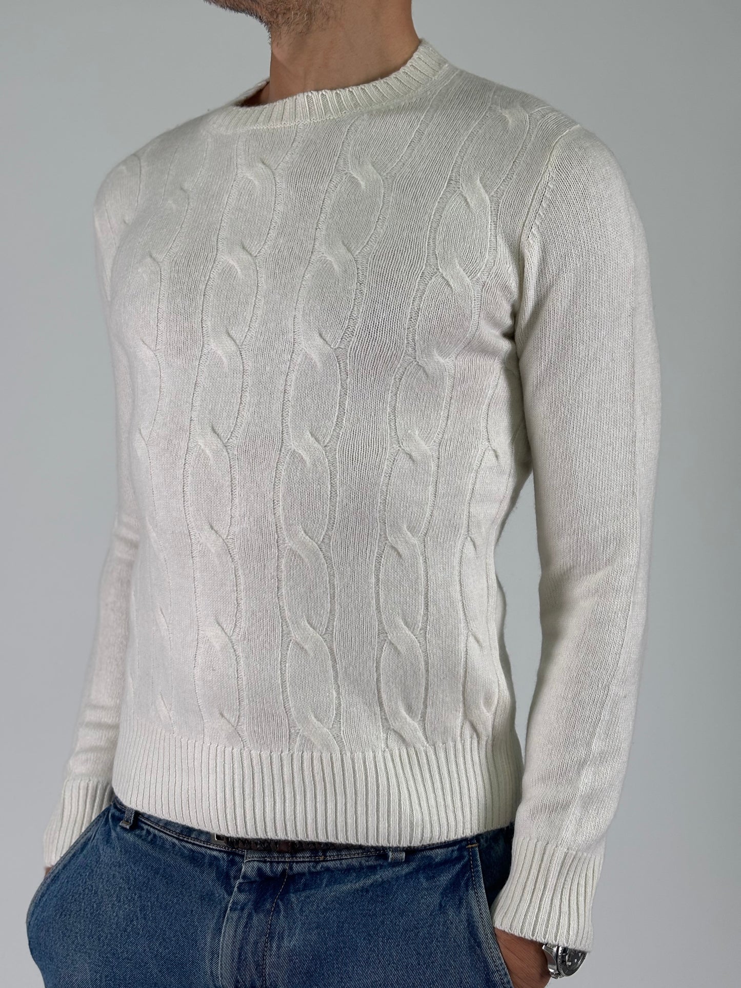 Loft88 Maglia girocollo trama trecce lana/cashmere PANNA