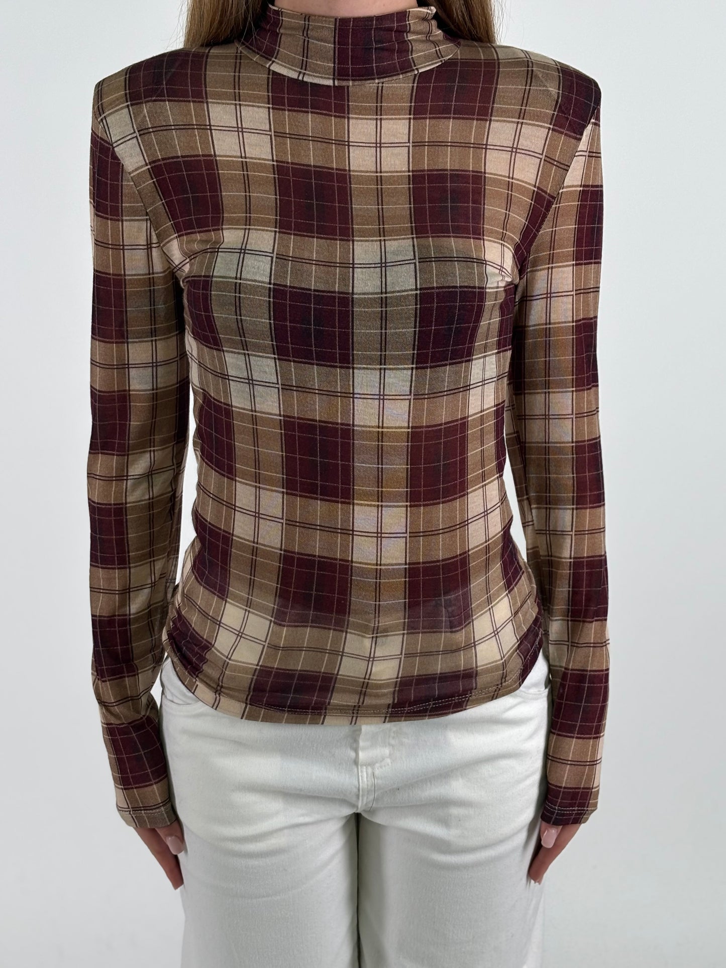 Haveone Maglia ml con collo a scacchi BEIGE/BORDEAUX