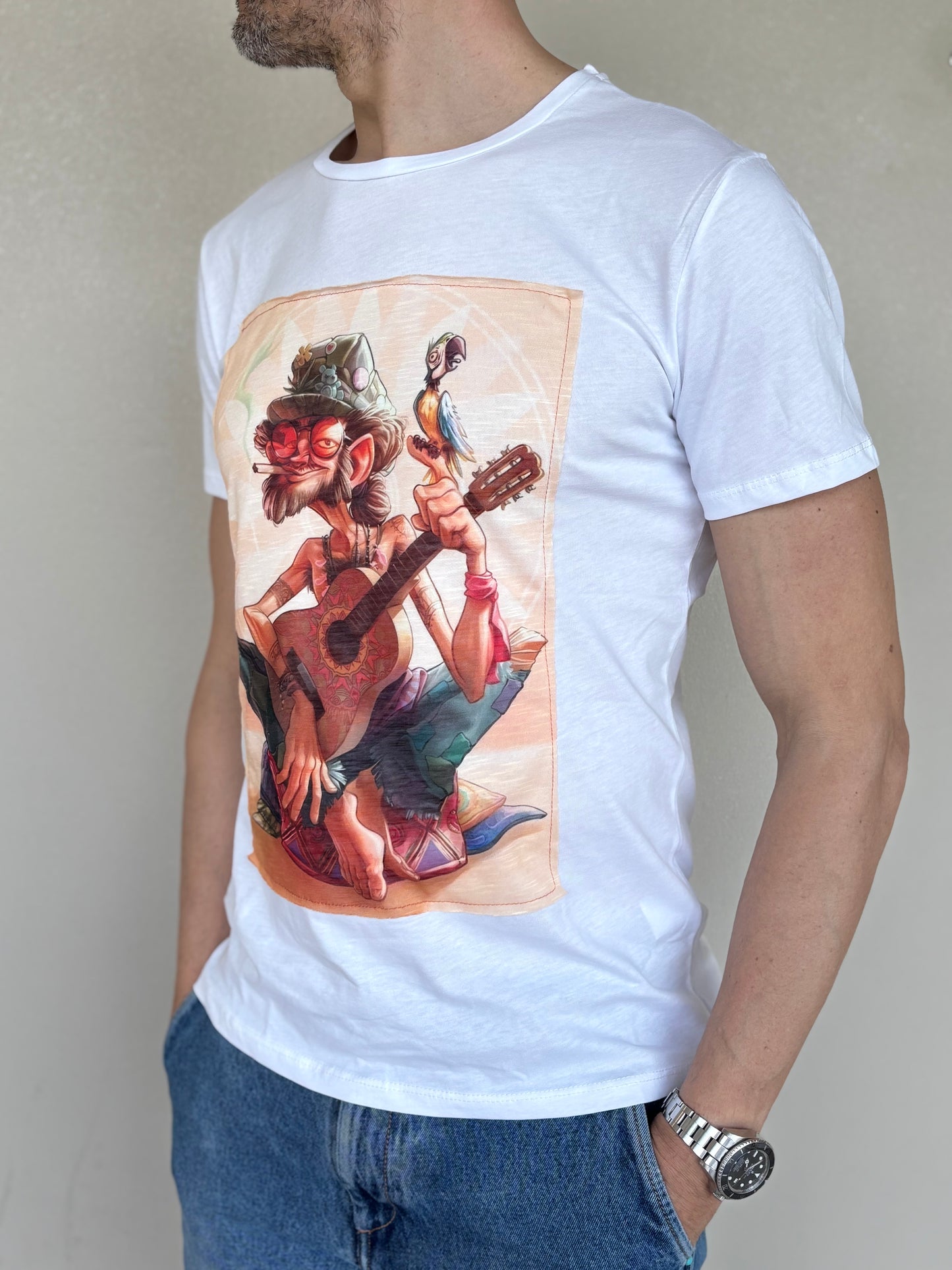 Trepuntonove t-shirt mm uomo con chitarra e sigaretta BIANCO
