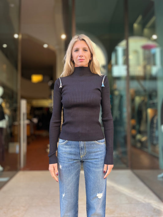 Patrizia Pepe Maglia a costine girocollo con cerniere sulle spalle NERO