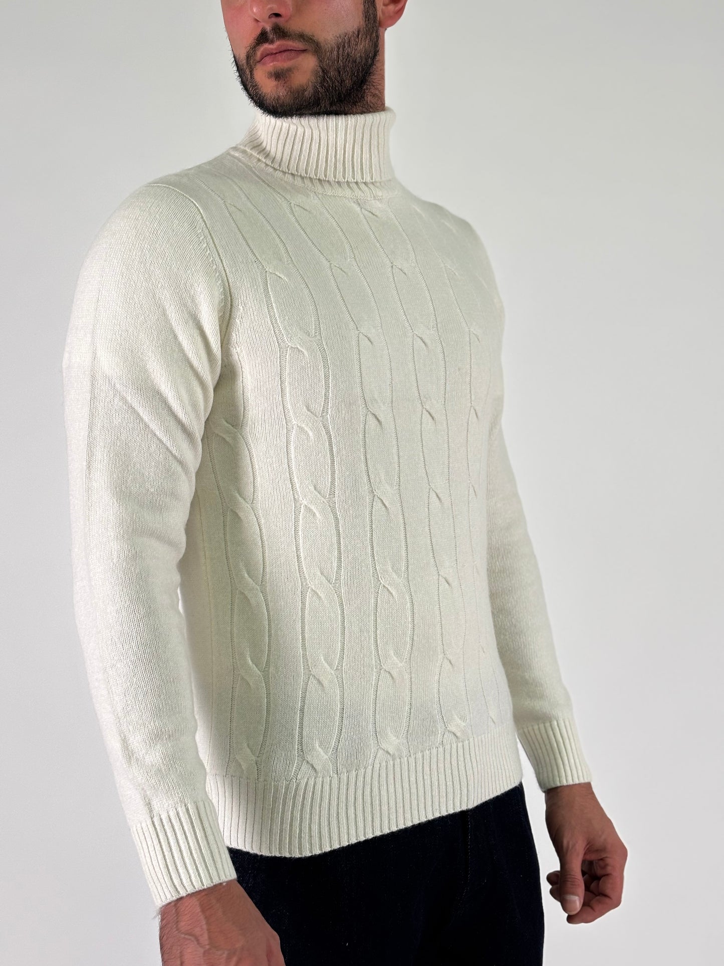 Loft88 Maglia collo alto trama trecce lana/cashmere PANNA