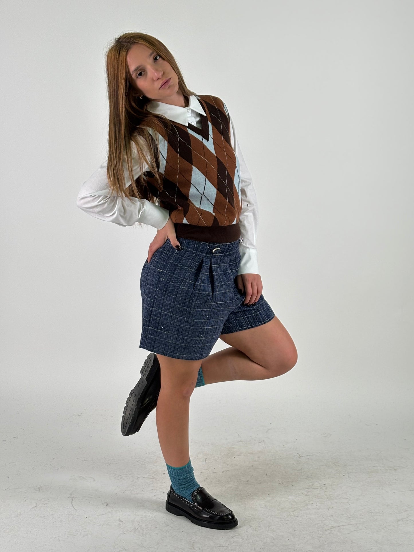 Susy Mix Gilet a rombi V CELESTE/MARRONE/CAMMELLO