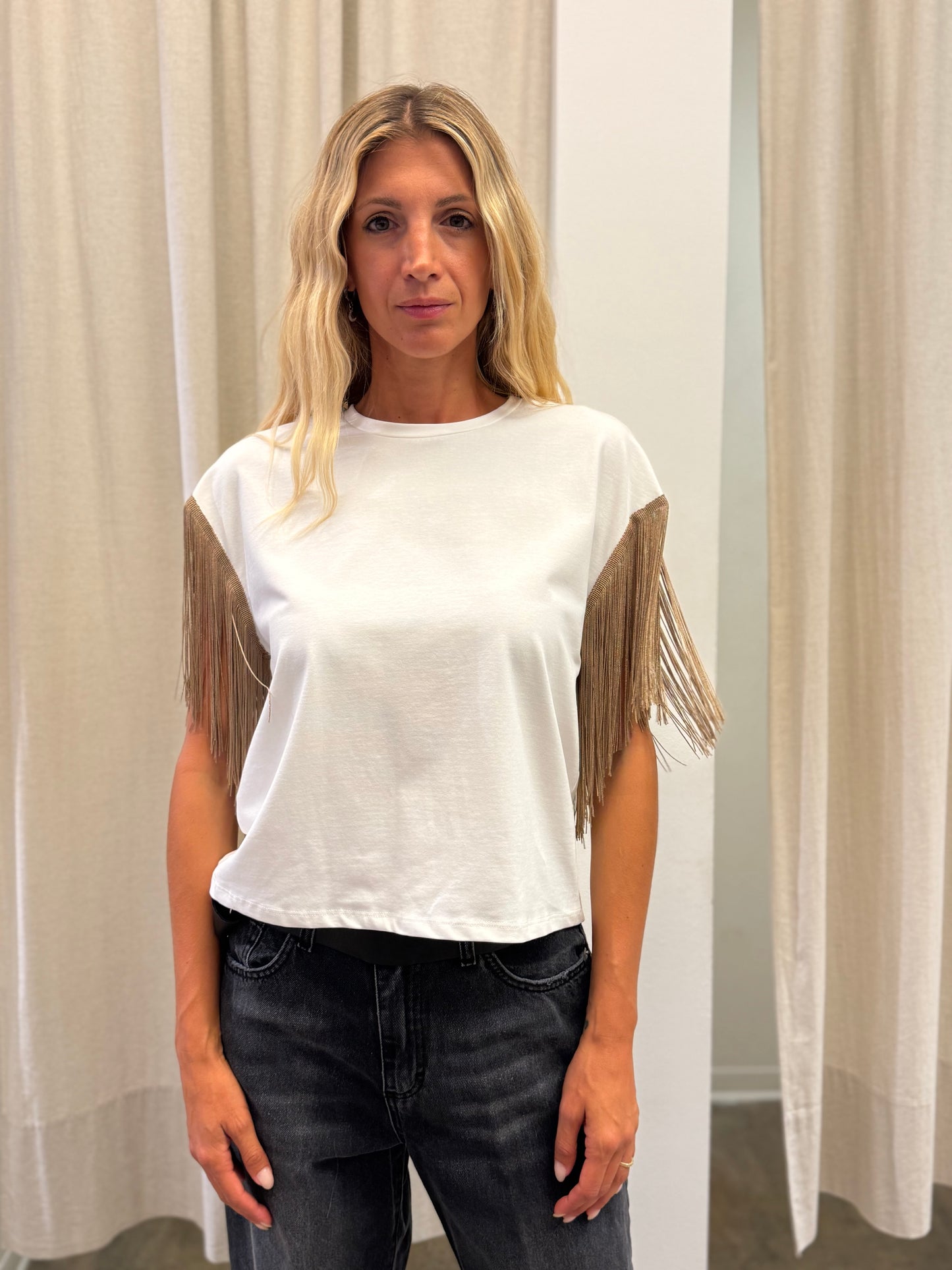 Susy Mix  t-shirt mm con frangia beige BIANCO