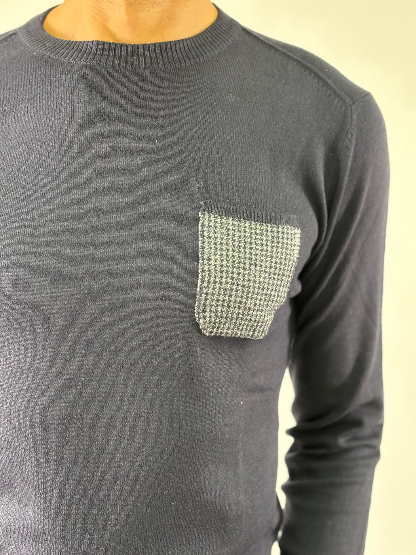 Loft88 Maglia girocollo taschino e toppe pied de poule BLU