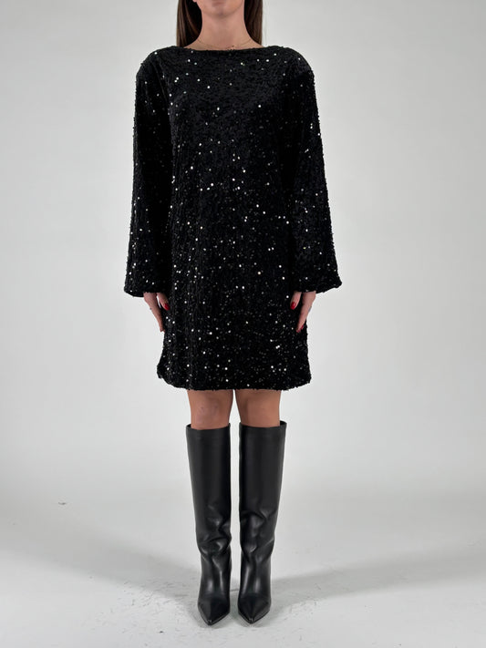 Aglaea Abito corto girocollo ml in paillettes nere NERO