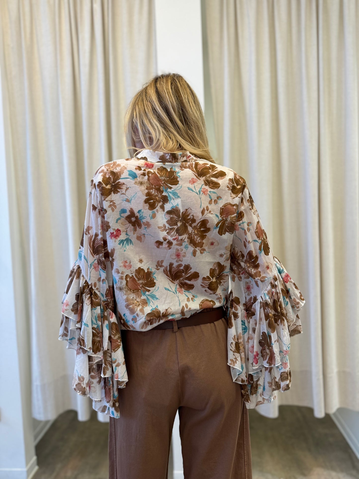 Susy Mix Camicia fant.floreale maniche con rouches BEIGE/TABACCO