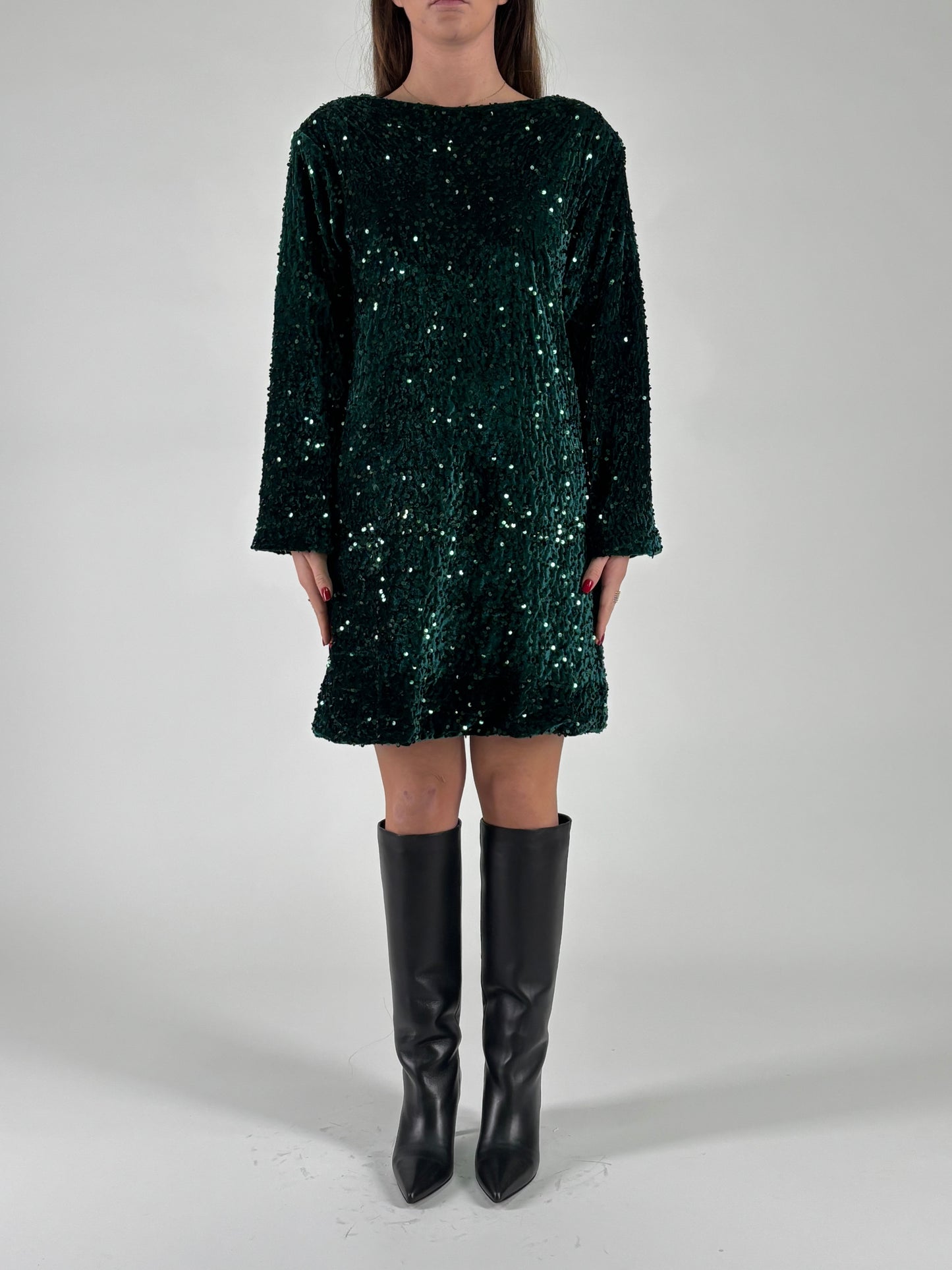 Aglaea Abito corto girocollo ml in paillettes verdi VERDE