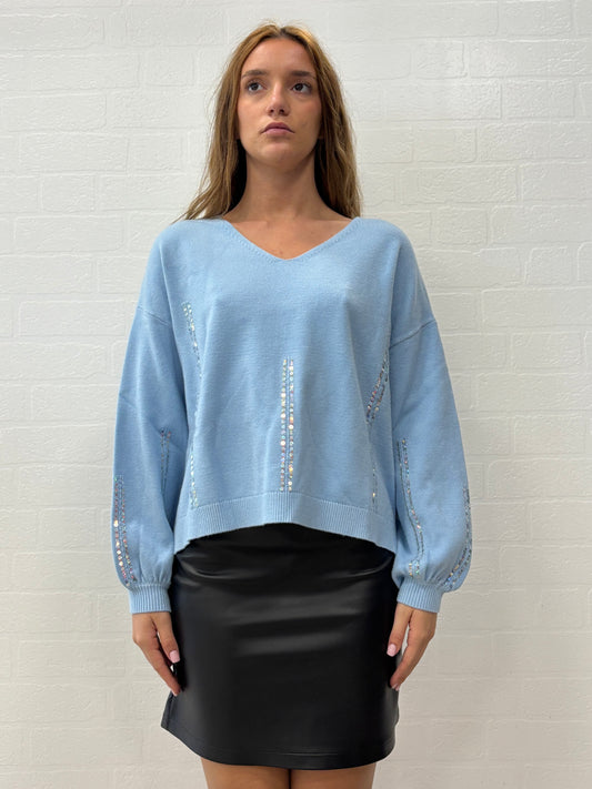 Griffai Maglia over collo V  con paillettes CELESTE